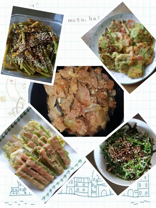 마늘쫑과 미나리로 오늘은 한상! 돼지고기두루치기 마늘쫑무침 미나리무침 마늘쫑스팸꼬지 고거하다 질려서 다 다져서 부친 전~ 